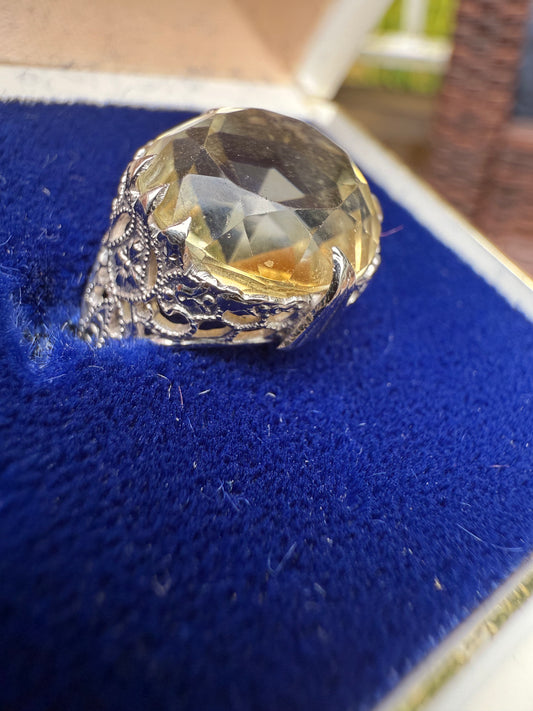 14k White Gold and Citrine Vintage Ring | Circa 1925 | Size 4.5