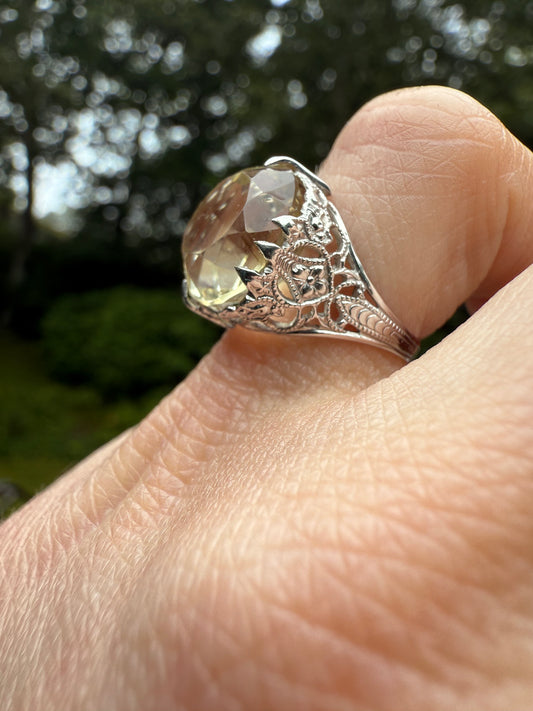 14k White Gold and Citrine Vintage Ring | Circa 1925 | Size 4.5